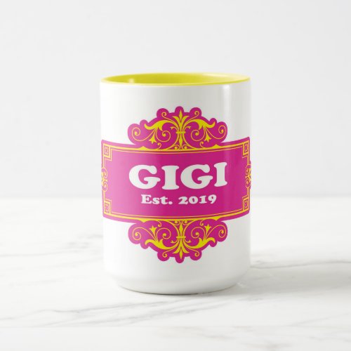 GIGI est 2019  White Text w Heritage Frame Pink In Mug