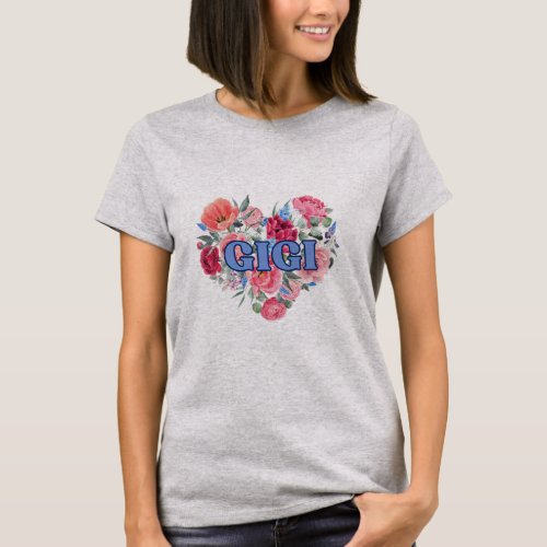 Gigi Floral Heart Gift for Grandmother Pink Blue T_Shirt