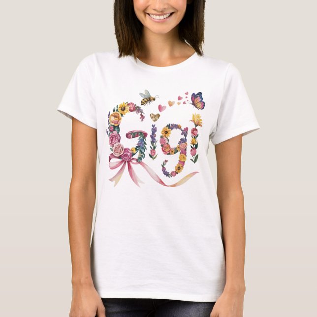 Gigi Grandma T-Shirt – Floral Name Tee with Bow –  (Front)