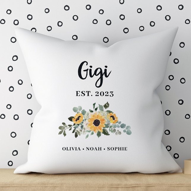Gigi | Pretty Rustic Sunflower and Names Throw Pillow (A pretty, elegant floral pillow for your Gigi)