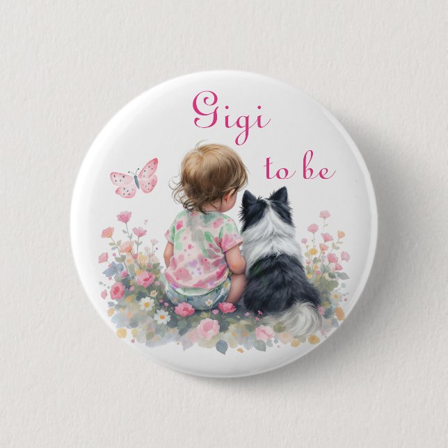 Gigi to be | Pink Baby and Puppy Baby Shower Button (Front)