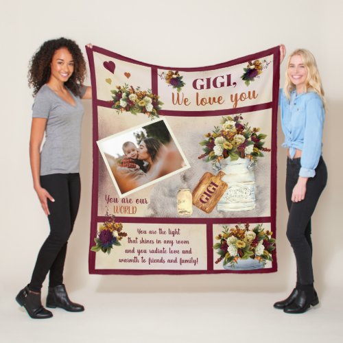 Gigi We Love You Photo Fall Floral  Script Text Fleece Blanket