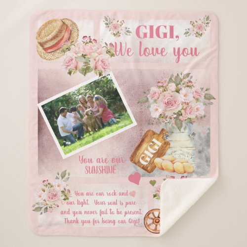Gigi We Love You Photo Pink Floral  Script Text Sherpa Blanket