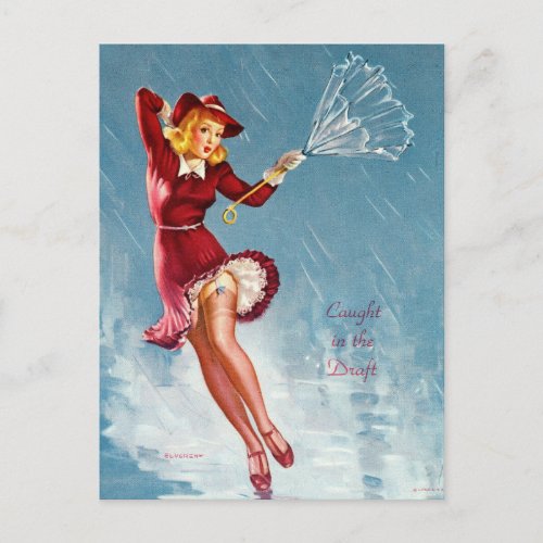 Gil Elvgren _ Caught in the draft  _   Pin up girl Postcard