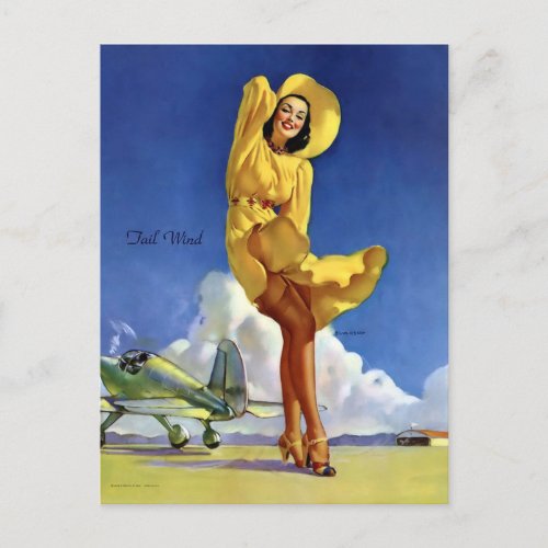 Gil Elvgren  _ tail wind  _ Vintage pin up girl Postcard