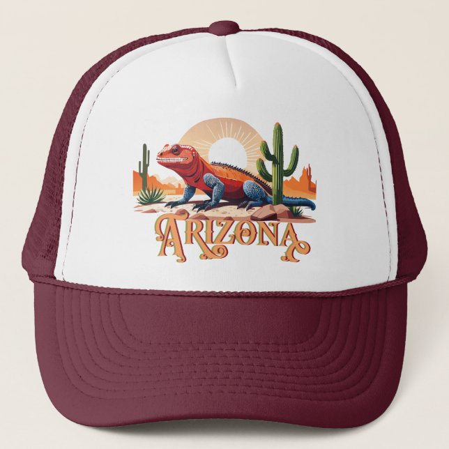 Gila Monster Lizard In Desert Labeled Arizona Trucker Hat (Front)