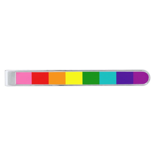 Gilbert Baker Stripe Rainbow Flag Gay Pride Silver Finish Tie Bar (Front)