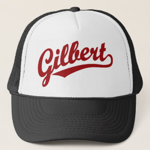 Gilbert script logo in red trucker hat