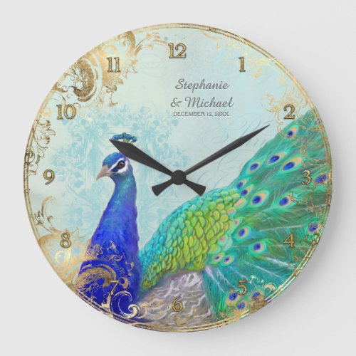 Gilded Age Peacock Feathers Faux Gold Leaf Vintage Large Clock