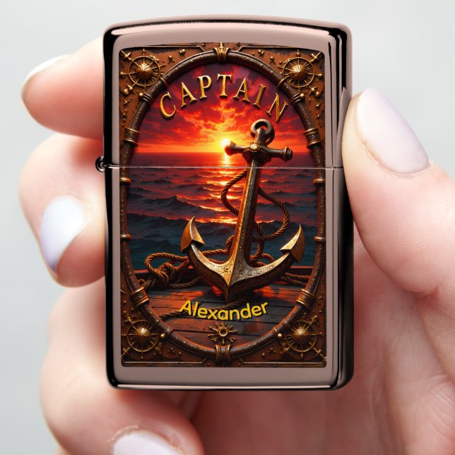 Gilded Anchor Sunset Ocean Voyage Zippo Lighter (In Hand)