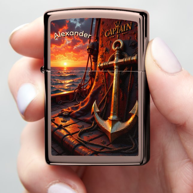 Gilded Anchor Sunset Ship Deck Zippo Lighter (In Hand)