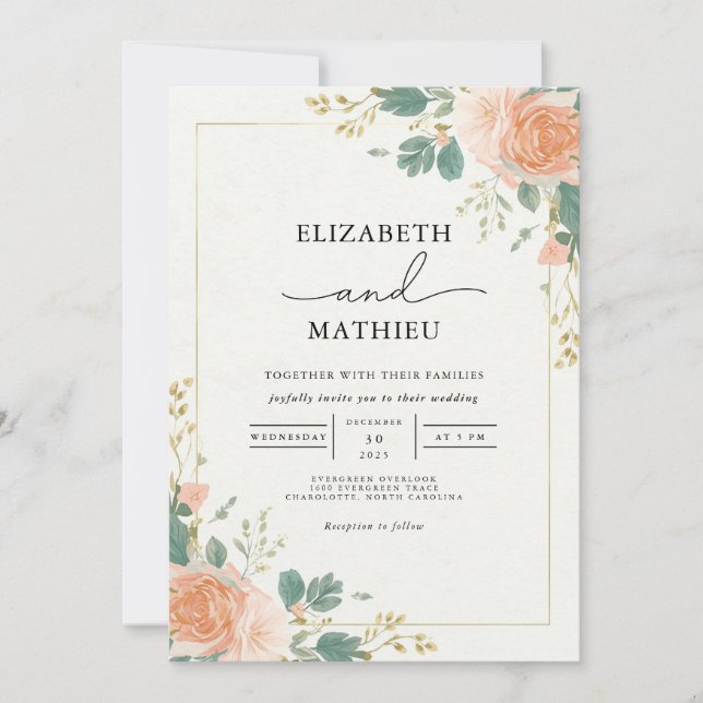 Gilded Apricot Bloom Arch Wedding Invitation (Front)