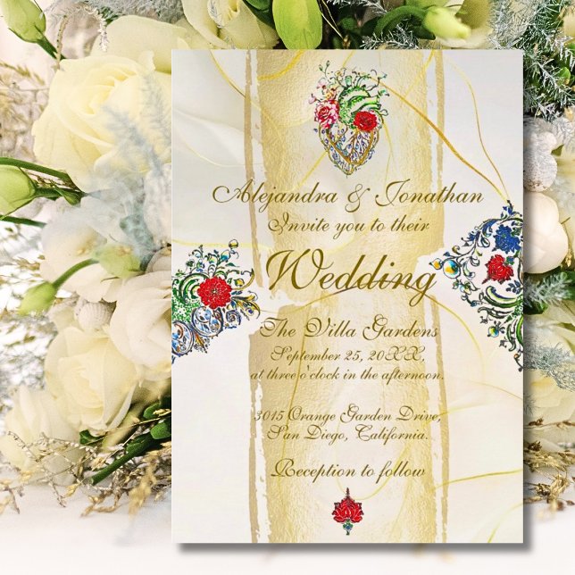 Gilded Baroque Sacred Heart Mexican Wedding Invitation (Elegant Baroque sacred heart wedding invitation with gilded details and hand-painted floral motifs.)