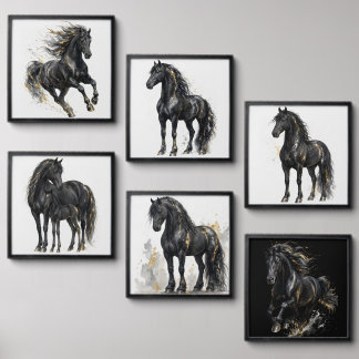 Gilded Black Horses Watercolor Peel And Stick Photo Tile
