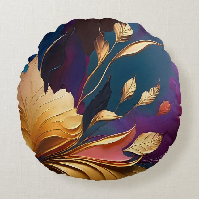 Gilded Bloom – Abstract Floral Composition Round Pillow (Front)
