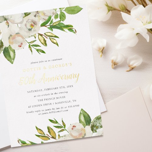 Gilded Blooms 50th Anniversary Party Foil Invitation
