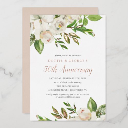 Gilded Blooms 50th Anniversary Party Foil Invitation