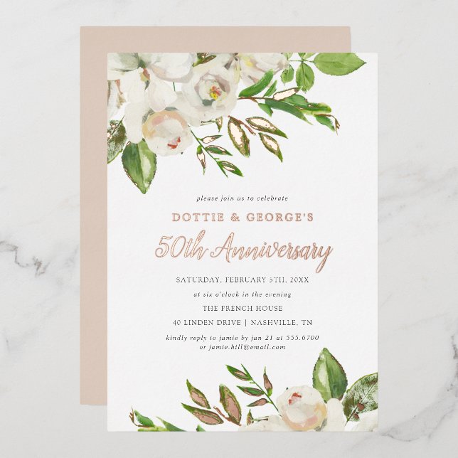 Gilded Blooms 50th Anniversary Party Foil Invitation (Front/Back)