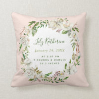 Gilded Blooms Baby Girl Birth Stats | Blush Throw Pillow