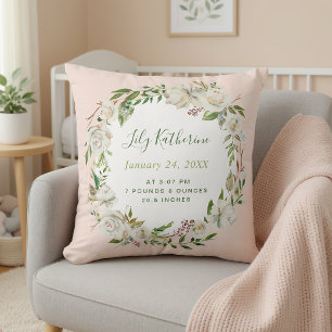 Gilded Blooms Baby Girl Birth Stats Blush Throw Pillow