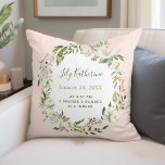 Gilded Blooms Baby Girl Birth Stats | Blush Throw Pillow<br><div class="desc">A beautiful keepsake baby birth stats throw pillow with watercolor botanical floral wreath in pretty shades of green with white flowers on blush pink background. Personalize the design with baby's name monogram, birthday and birth stats or other text. Use the design tools to choose any background color, add photos, change...</div>
