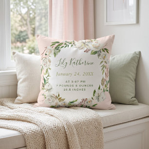 Gilded Blooms Baby Girl Birth Stats Blush Throw Pillow