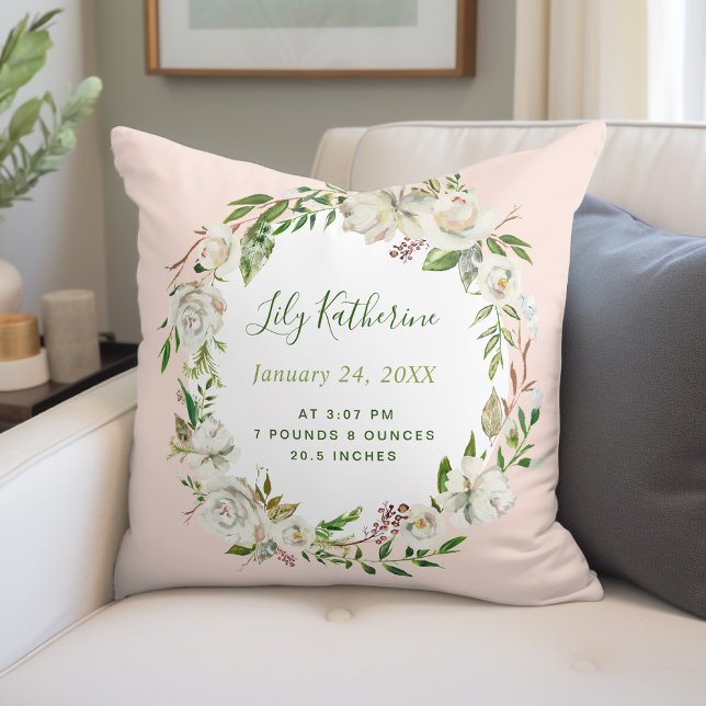 Gilded Blooms Baby Girl Birth Stats | Blush Throw Pillow (Creator Uploaded)