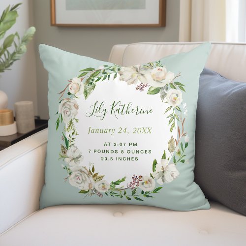 Gilded Blooms Baby Girl Birth Stats  Mint Throw Pillow