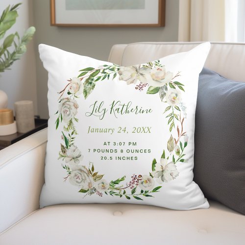Gilded Blooms Baby Girl Birth Stats  White Throw Pillow
