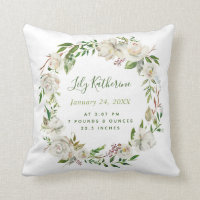 Gilded Blooms Baby Girl Birth Stats | White Throw Pillow