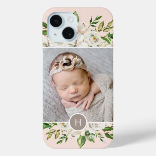 Gilded Blooms Blush  Monogrammed Photo iPhone 15 Case