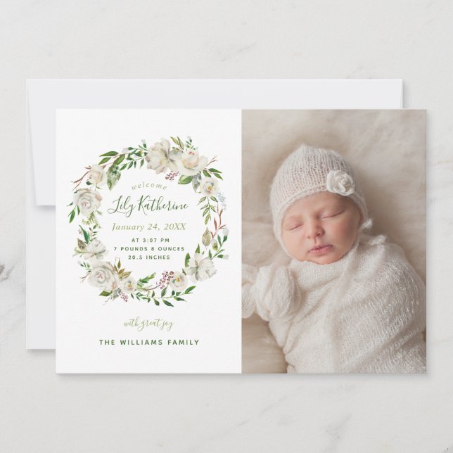 Gilded Blooms Floral Baby Photo Birth Announcement (Front)