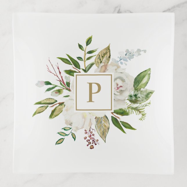 Gilded Blooms Floral Wedding Monogram Trinket Tray (Front)
