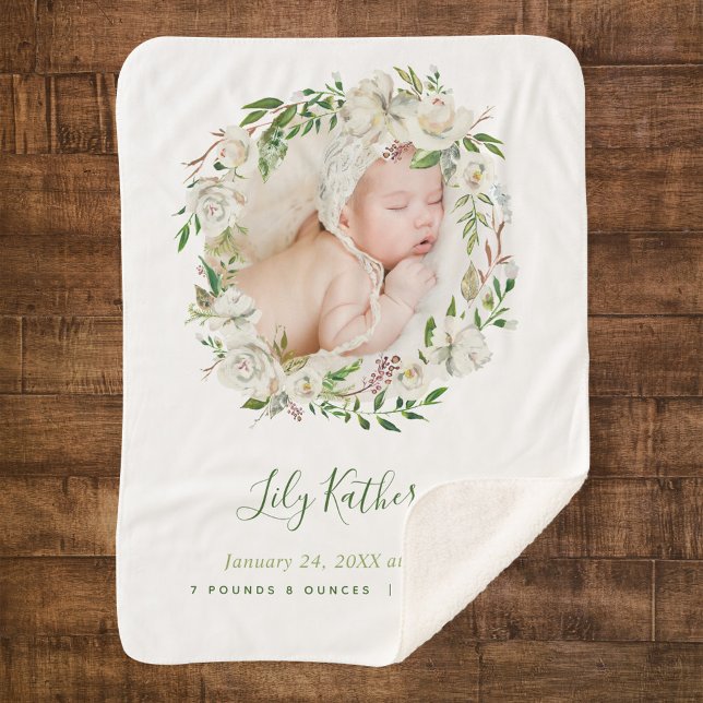 Gilded Blooms Floral Wreath Baby Photo Birth Stats Sherpa Blanket (Creator Uploaded)