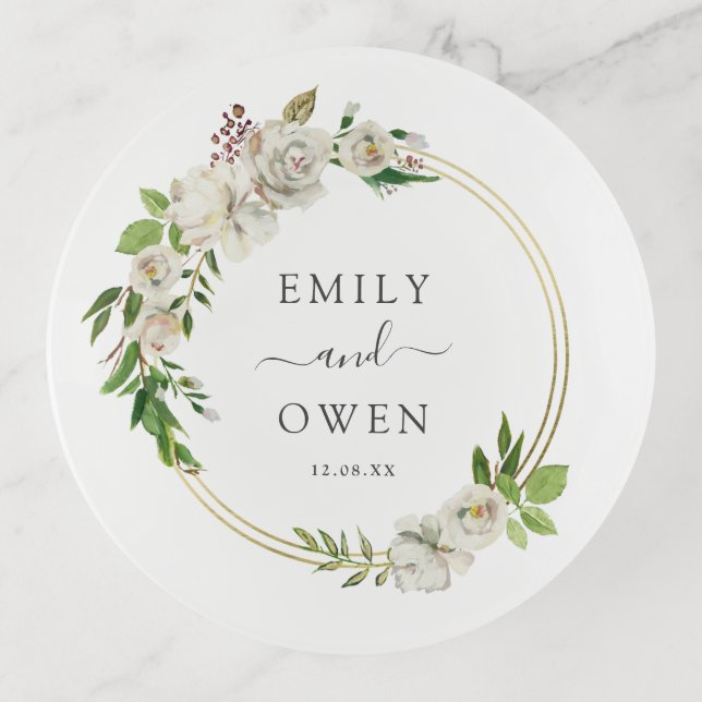 Gilded Blooms Floral Wreath Wedding Monogram Trinket Tray (Front)