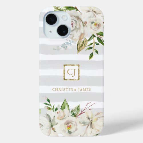 Gilded Blooms  Gray Stripes Floral Monogram iPhone 15 Case