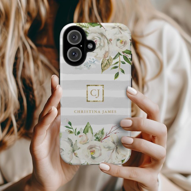 Gilded Blooms | Gray Stripes Floral Monogram Case-Mate iPhone Case (Creator Uploaded)