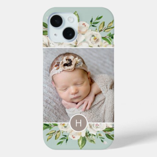 Gilded Blooms Mint  Monogrammed Photo iPhone 15 Case