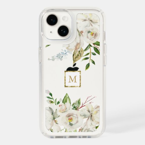 Gilded Blooms  White Painted Floral Gold Monogram Speck iPhone 14 Case