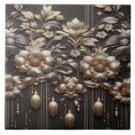 Gilded Botanical Symphony on Charcoal Noir Ceramic Tile