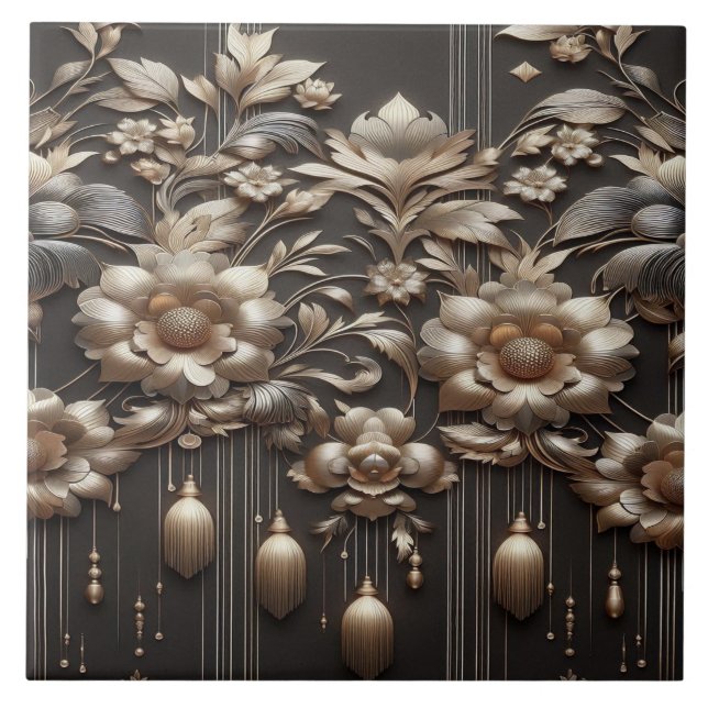 Gilded Botanical Symphony on Charcoal Noir Ceramic Tile (Front)