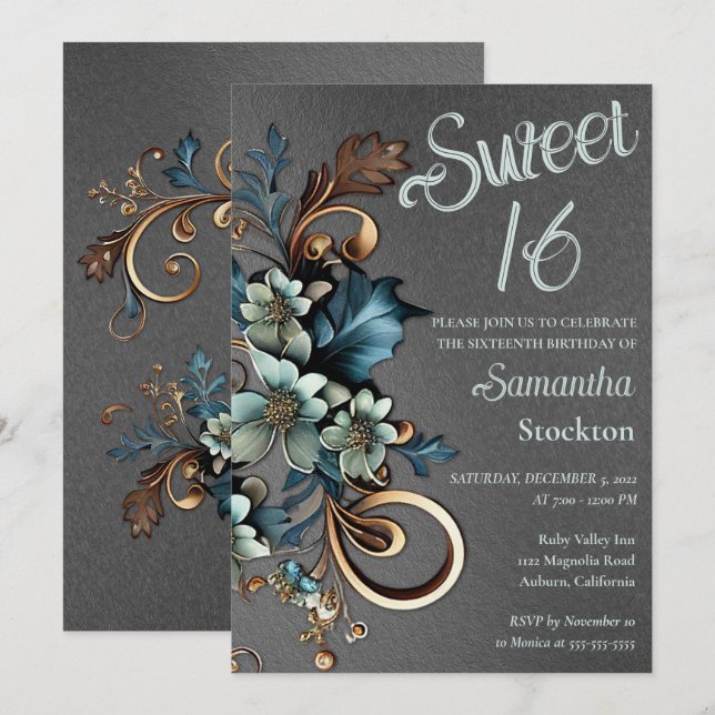 Gilded Botanical with Silver Sweet 16 Invitation (Front/Back)