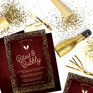Gilded Burgundy Bites & Bubbly Holiday Party Foil Invitation