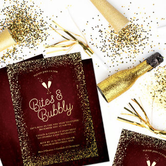 Gilded Burgundy Bites & Bubbly Holiday Party Foil Invitation