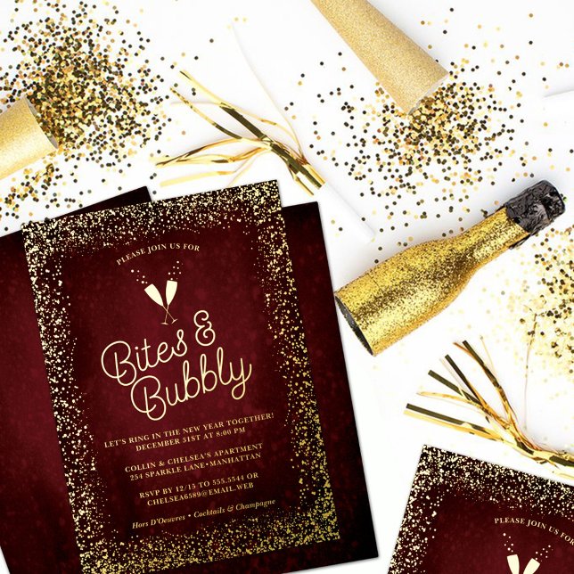 Gilded Burgundy Bites & Bubbly Holiday Party Foil Invitation (Creator Uploaded)