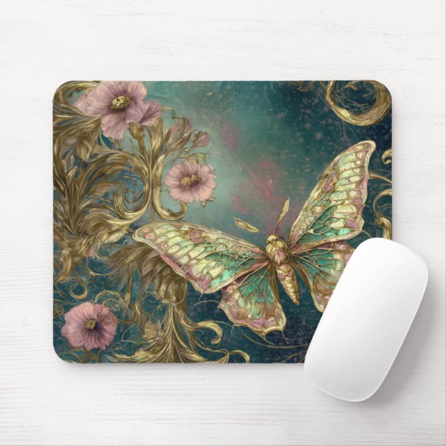 Gilded Butterfly Garden - Art Nouveau Garden Mouse Pad (With Mouse)