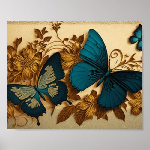 Gilded Butterfly Gold and Blue Decoupage  Poster