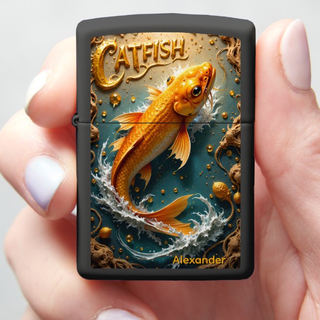 Gilded Catfish Personalized Aquatic Koi Zippo Lighter (In Hand)