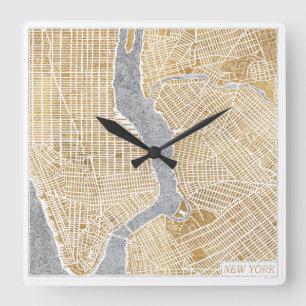Gilded City Map Of New York Square Wall Clock