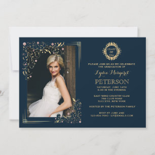 Gilded Corners Floral Photo Graduation Invitation